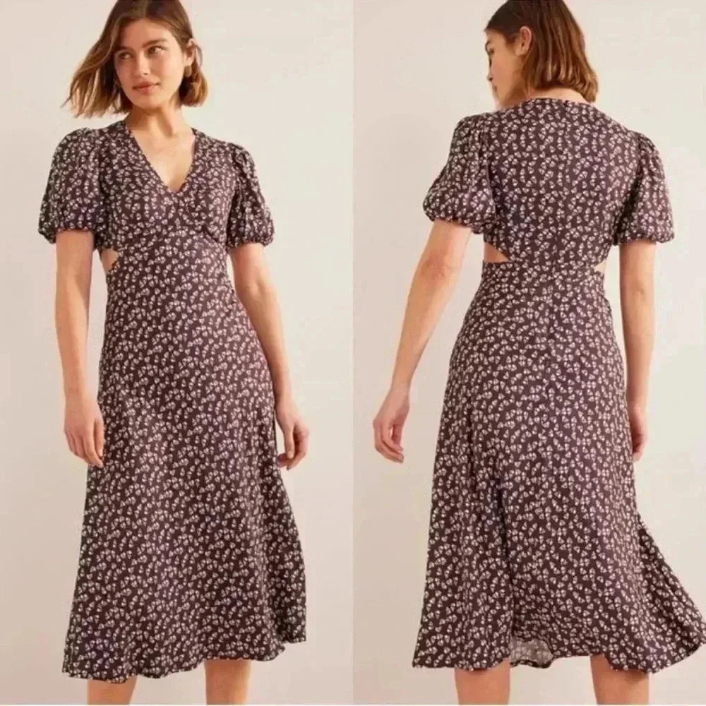 Boden Cut Out Midi Tea DressDark Burgundy, Sweet Daisy Size 10P